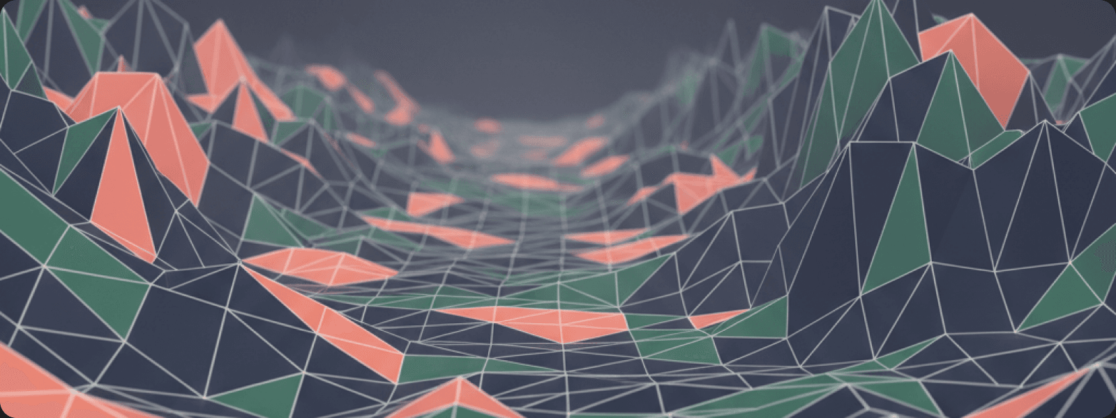 Low-poly wireframe terrain in ink, green and coral