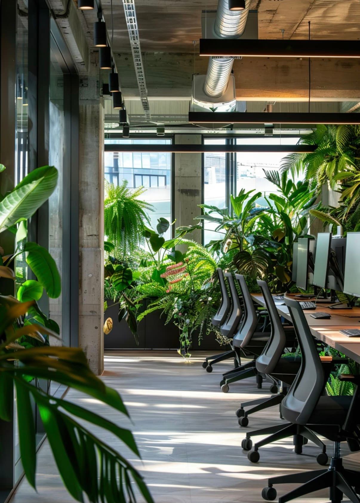 Edrak workspace with desks along a planted window bay