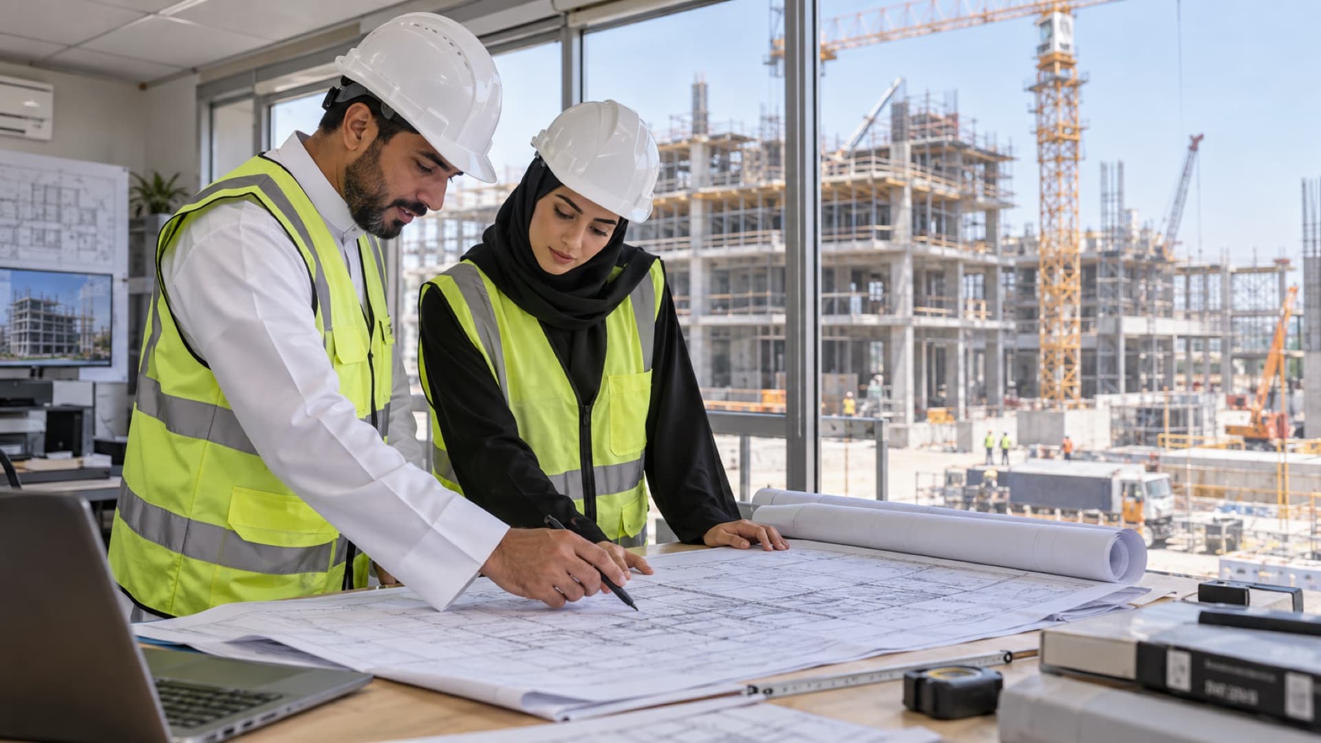 Engineers reviewing drawings against the site