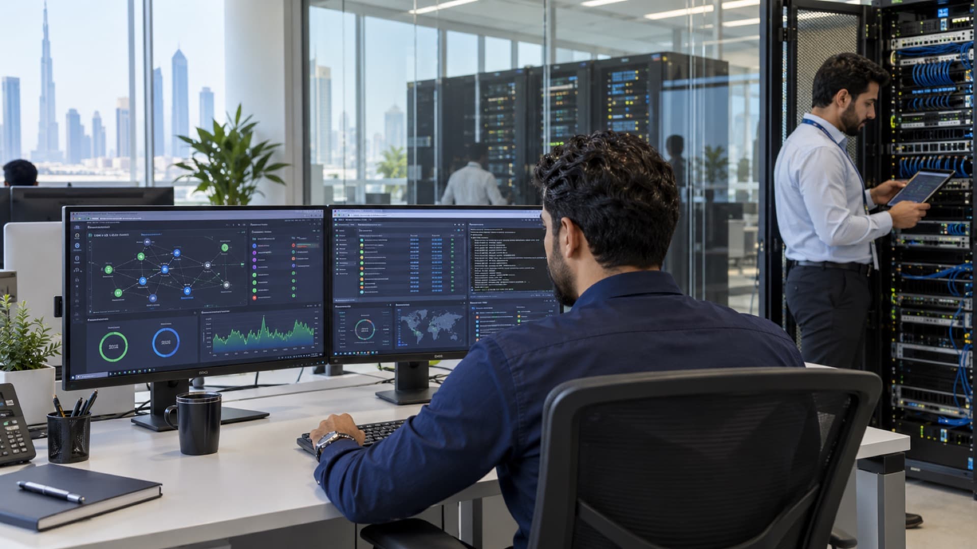 Operations engineer monitoring systems beside the server racks
