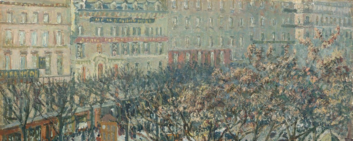 Boulevard des Italiens in morning sunlight, crowds among winter trees