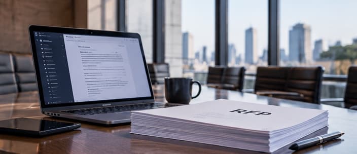 Laptop and a printed RFP on a boardroom table
