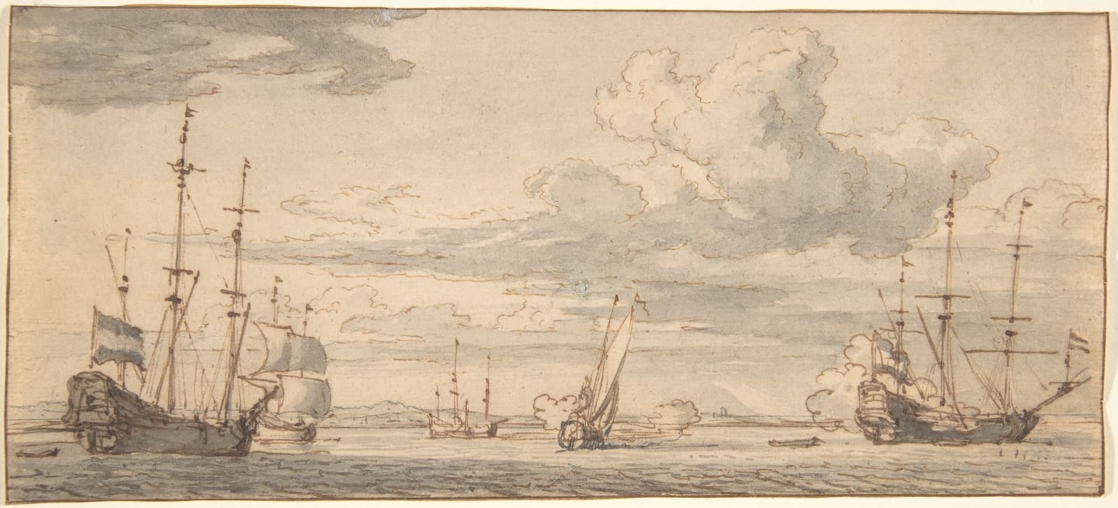 Dutch ships at anchor, old master drawing