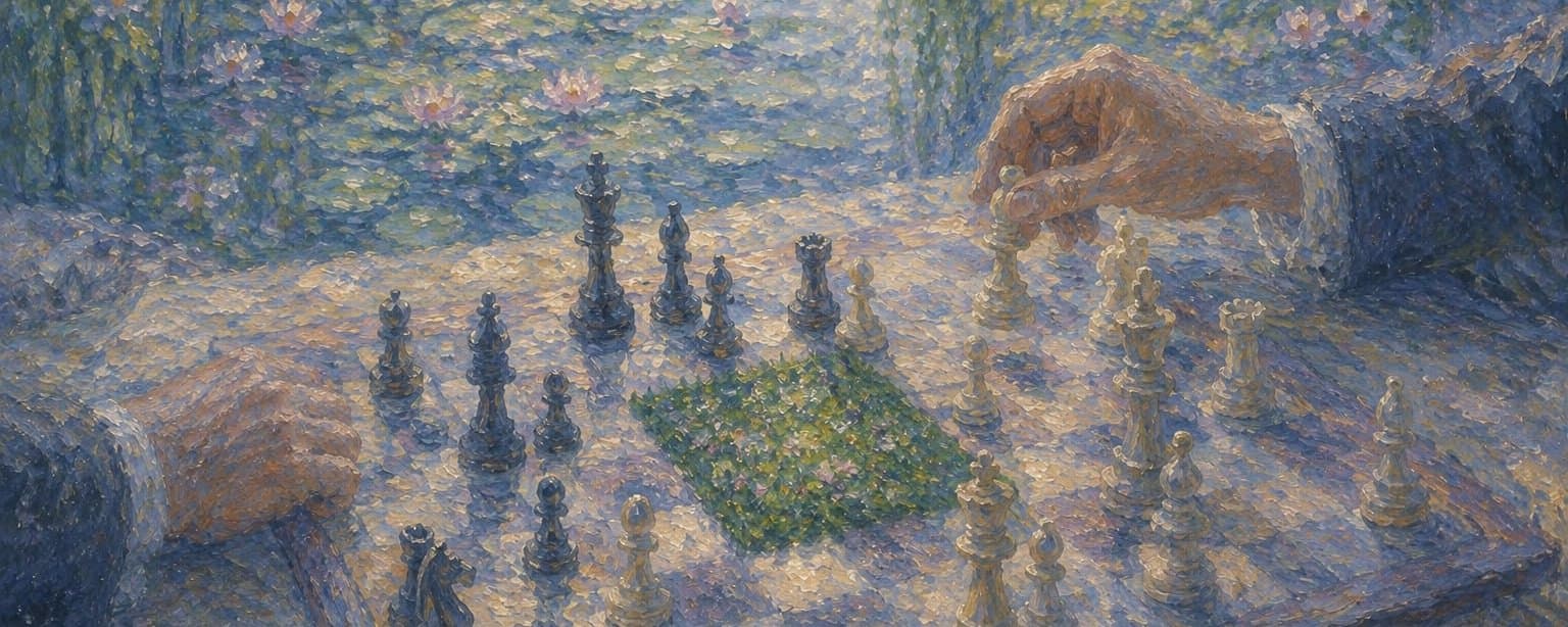 Two players over a chessboard in a water-lily garden, painted in a pointillist style